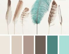 the color scheme is teal, brown, and white with some feathers on it