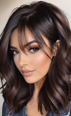 #gorgeous #hair #brown Chocolate Brown Hair With Hint Of Red, Dark Hair With Bangs Medium, Chocolate Brown Balayage On Black Hair, Dark Brown Hair With Bangs, Cocoa Brown Hair, Chocolate Color Hair, Deep Chocolate Brown Hair, Brunette Hair Color Shades, Dark Brown Hair Color Ideas