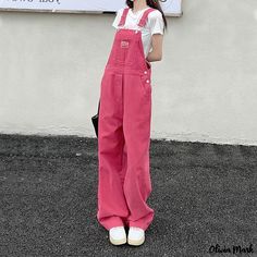 Olivia Mark - Raspberry Pink Denim Overall Jumpsuit with Straight Wide-leg Design Pink Wide Leg Trousers, Jean Rose, Suspender Jeans, Y2k Spring, Pink Overalls, Overalls Vintage, Overalls Fashion, Vintage Overalls, Denim Decor