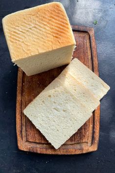 two slices of bread sitting on top of a wooden cutting board