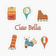 various stickers with the words ciabella in italian and some pictures of different buildings