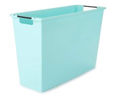 a light blue plastic bin with black handles