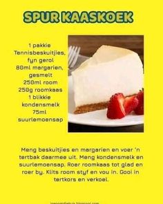 an advertisement for a cheesecake with strawberries on the side and text below it