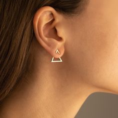 14K Gold Triangle Earrings - Ear Jacket Earrings - Minimalist Earrings - Real Gold Triangle Earring - Geometric Earrings - Gift for Her - Birthday Gift - Wedding Gift - Wedding Jewelry Material : * High Quality Handmade 8K, 14K, 18K Solid ( Real ) Gold The link for 925 Sterling Silver; https://www.etsy.com/listing/1339618538/ear-jacket-earrings-christmas-gift Processing And Shipping : * All of our products are processing time 3-5 business days. * You can contact us for express shipping options. Minimalist Triangle Earrings For Everyday, Gold Geometric Jewelry With Matching Earrings, Elegant Geometric Everyday Earrings, Everyday Single Geometric Earring, Gold Triangle Minimalist Earrings, Double Earrings, Triangle Earrings Stud, Ear Jacket Earring, Ear Jacket