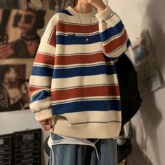 Baggy Sweater Outfits, Baggy Sweater, Dinosaur Sweater, Baggy Sweaters, Fashion Sweaters, Fits Clothes, Cartoon Dinosaur, Casual Stripes, Sweaters Online