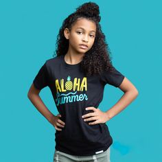 Say "Aloha" to summer fun with our Aloha Summer Kids Short Sleeve T-Shirt! Inspired by the vibrant colors and lively spirit of Hawaii, this t-shirt is perfect for your child's sunny adventures. Made from soft, breathable fabric, it ensures all-day comfort whether they're building sandcastles on the beach or playing in the park. The cheerful Hawaiian design adds a tropical touch to any outfit, making it a must-have for summer. Slim fit with contemporary longer lengthSize up 1-2 sizes for looser fit100% ring-spun cottonUnisex fit100% cottonPlease check our size chart before orderingMachine wash cold. Tumble dry low. Fun Beach T-shirt With Sublimation Print, Black Summer Tops With Sublimation Print, Vacation Black Tops With Sublimation Print, Vacation Black Top With Sublimation Print, Black Sublimation Print Vacation Top, Black Graphic Tee For Summer, Black T-shirt With Front Print For Summer, Black Tops With Front Print For Summer, Black Summer Top With Front Print