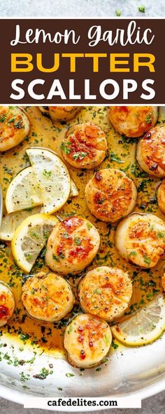 lemon garlic butter scallops on a white plate