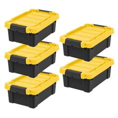 four black and yellow plastic storage containers