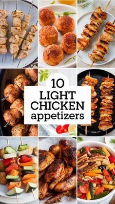 Various chicken appetizers displayed, including skewers and wings, surrounding a text reading "10 Light Chicken Appetizers".