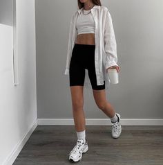 Style Biker Shorts, New Semester, White Shirt Outfits, Biker Shorts Outfit, Black Biker Shorts, Look And Find, Shorts Outfits Women, Summer Shorts Outfits, Over Sized