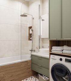 a washer and dryer in a bathroom with wood flooring on the walls