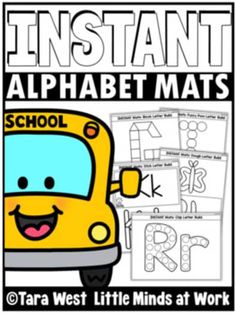 a yellow school bus with the words instant alphabet mats in front of it and an image of