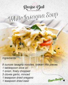 the recipe for white lasagna soup is shown on a plate with a spoon