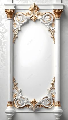 an ornate white and gold frame on a wall