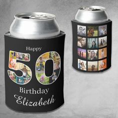 a birthday can cooler with pictures on it and the number fifty in front of it