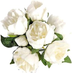 a bouquet of white roses with green leaves