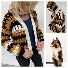 a collage of photos shows a cat wearing a crocheted sweater