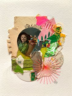 an altered photograph of a woman's face surrounded by collages and papers