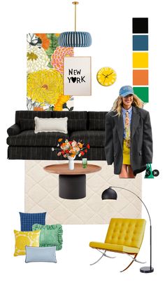 a living room filled with furniture and colorful decorating items, including a black couch