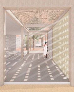 an artist's rendering of a person walking down a hallway with geometric patterns on the walls