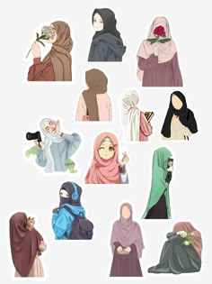 several stickers of women wearing hijabs and scarves, one with a flower in her hand