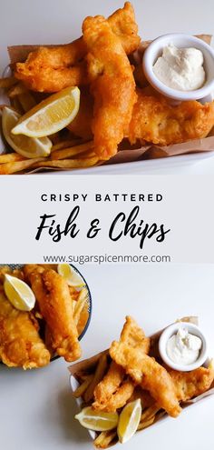 crispy battered fish and chips are served with lemon wedges, sour kraut or mayonnaise