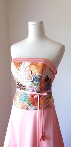 What beautiful embroidery in this great dress for a Wedding dress vintage KIMONO top GEISHA pink gold brocade crane flower embroidery OBI bow string spring flower belt A line made to order. $980.00, via Etsy. Kimono Geisha, Shirts Embroidery, Embroidery Kimono, Wedding Dress Vintage, Embroidery Skirt, Kimono Vintage, Wedding Kimono, Gold Brocade, Japanese Embroidery