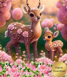 two deer standing next to each other in front of pink flowers and trees with the words digital