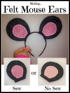 the instructions for making felt mouse ears are shown in three different pictures, one is pink and black