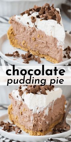 chocolate puddinging pie with whipped cream and chocolate chips on top, in front of the rest of the pie