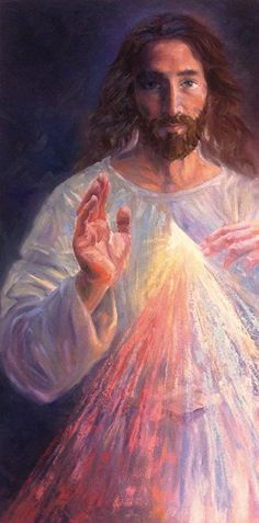 a painting of jesus holding his hands up in the air with light coming from him