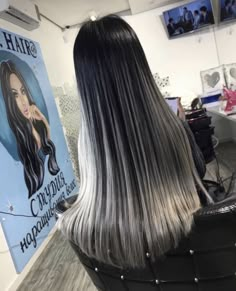 Black And Silver Hair Straight, Black To Silver Ombre Hair, Grey Low Lights, Black To Platinum Hair, Black Hair Blonde Ends, Black And Blonde Ombre Hair, White Underneath Hair, Black And White Hair Ideas, Hair With White Underneath