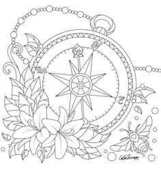 a drawing of a compass with flowers on it