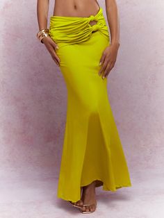 Jersey Knot Detailed Waist Flared Maxi Skirt Yellow Elegant   Knitted Fabric Plain Mermaid Medium Stretch  Women Clothing, size features are:Bust: ,Length: ,Sleeve Length: Flare Maxi Skirt, Elegant Pumps, High Neck Crop Top, Maxi Rok, Women Skirts, Mermaid Skirt, Casual Sport Shoes, Low Waisted, Print Chiffon