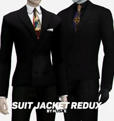 two male mannequins dressed in black suits and ties with the caption suit jacket redux