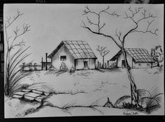 a drawing of two houses in the middle of a field with trees and grass on each side