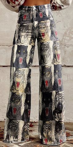 Tiger Art Print, Quilted Pants, High Waisted Wide Leg Pants, Denim Decor, Womens Wide Leg Pants, Casual Wide Leg Pants, Tiger Art, Loose Fabric, Casual Stylish