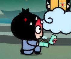 a cartoon character holding a gift box in front of a cloud with an animal on it