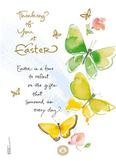 a greeting card with butterflies on it and the words thinking you at easter written in gold