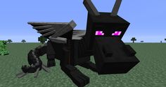 a black dragon with pink eyes running across a field in minecraft style screenshot