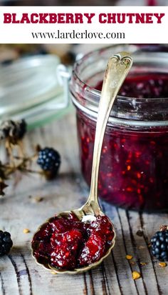 blackberry chutney in a spoon with berries on the side and text overlay