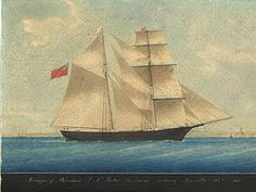 an old painting of a sailboat in the ocean with a flag on it's mast