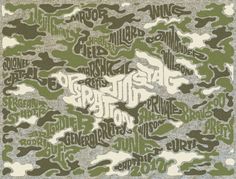 a green and white camouflage print rug with words written in different languages on the front