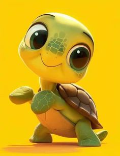 a little turtle with big eyes and a smile on it's face, standing in front of a yellow background