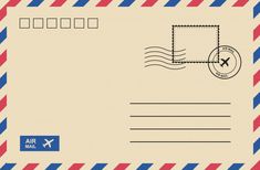 an air mail envelope with a stamp on it and the word air mail written in blue ink