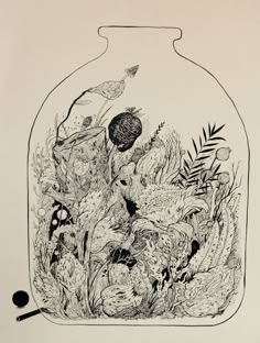 a black and white drawing of a vase filled with plants, birds and other things