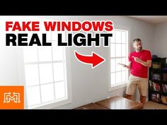 a man standing in front of a window with the words fake windows real light above him