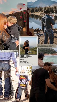 a collage of photos with people and animals in the background, including an image of a man hugging a woman's head