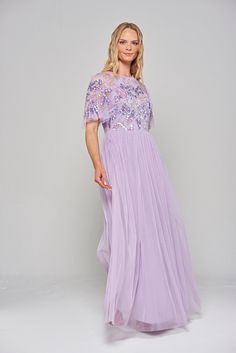 Ianthe Lilac Sequin Maxi Dress Lilac Long Dress With Sleeves, Lilac Prom Dresses Modest, Lilac Tulle Dress Long, Lilac Prom Dress Uk, Lilac Embroidered Dress, Full Length Tulle Skirt, Blue Frock, Cape Dresses, Frock And Frill