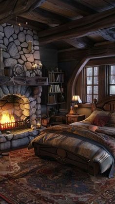 a bed room with a fire in the fireplace